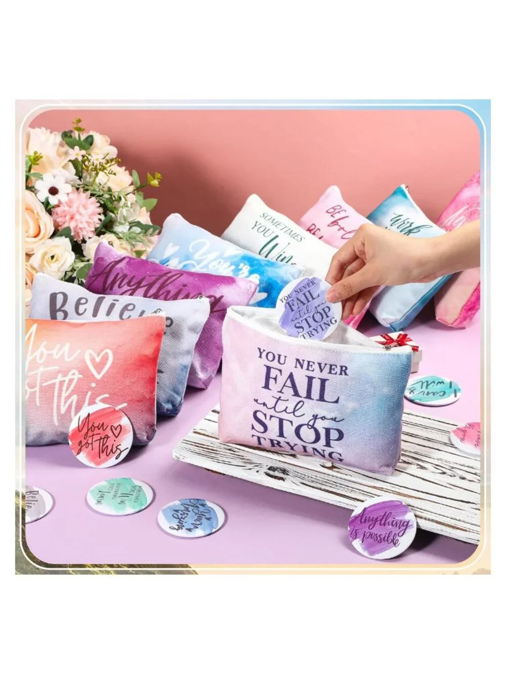 10 Canvas Makeup Bags & 10 Compact Mirrors Set Motivational Travel Pouch Gift